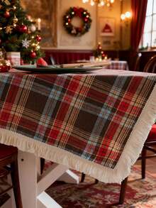 1pc Vintage American Country Style Green Plaid Woven Tablecloth With Tassel Design, Thick And Durable, Suitable For Kitchen, Daily Use, Holidays, Family Gatherings, Christmas Parties, Weddings, Dining Table Decor - Coffee Brown - View 9