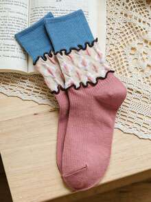 1/5 pares de meias curtas femininas bordadas com flores, meias quentinhas com estampa fofa - Multicolorido - Ver 5