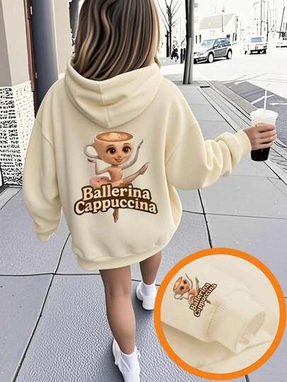 Bluza termiczna z podszewką dla nastolatek, z kapturem i nadrukiem graficznym "Cappuccino Ballerina", ciepła i wygodna termiczna bluza na jesień/zimę