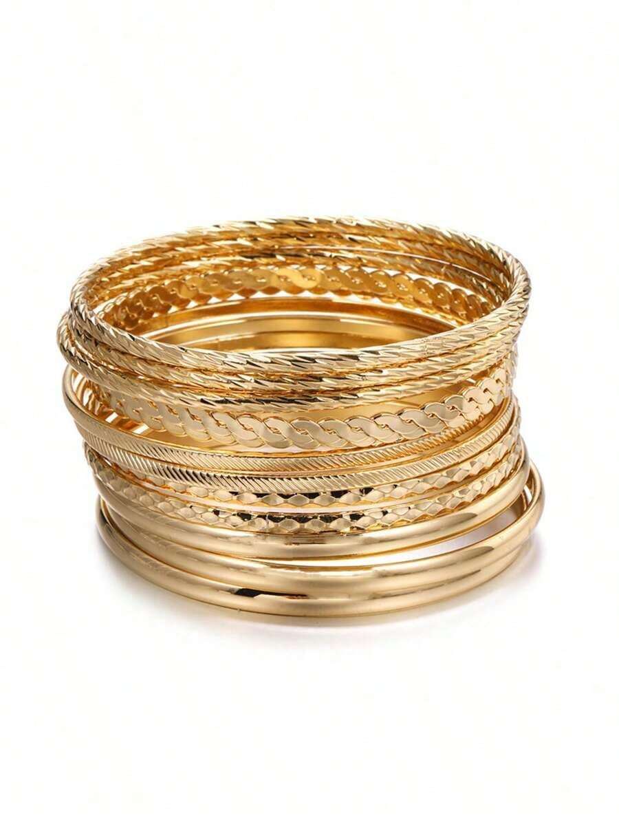 12 piezas Brazalete de metal con textura - Oro amarillo - Ver 1