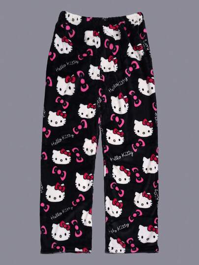 Men Authorize Sanrio Flannel Pants, Cute KT Cat Couple Home Casual Home Pants, Black Cartoon Hello Kitty Print, Autumn Fashion Items