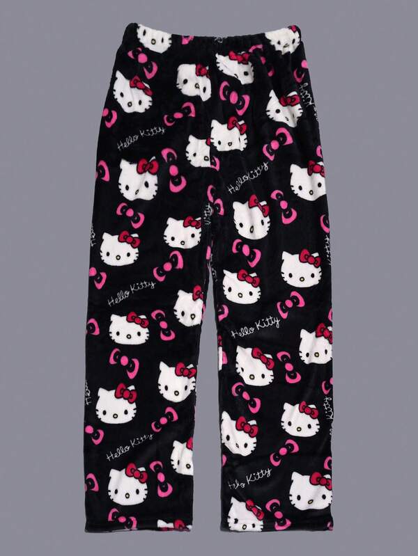 Pantalones de franela autorizados por Sanrio para hombres, pantalones casuales de pareja de gato KT lindos para el hogar, estampado de Hello Kitty negro de dibujos animados, artículos de moda de otoño