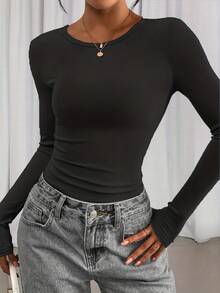 Áo sơ mi nữ tay dài, dáng ôm cơ bản, áo thun thường ngày có gân, Thu/Đông 2025 - màu đen - Xem 4