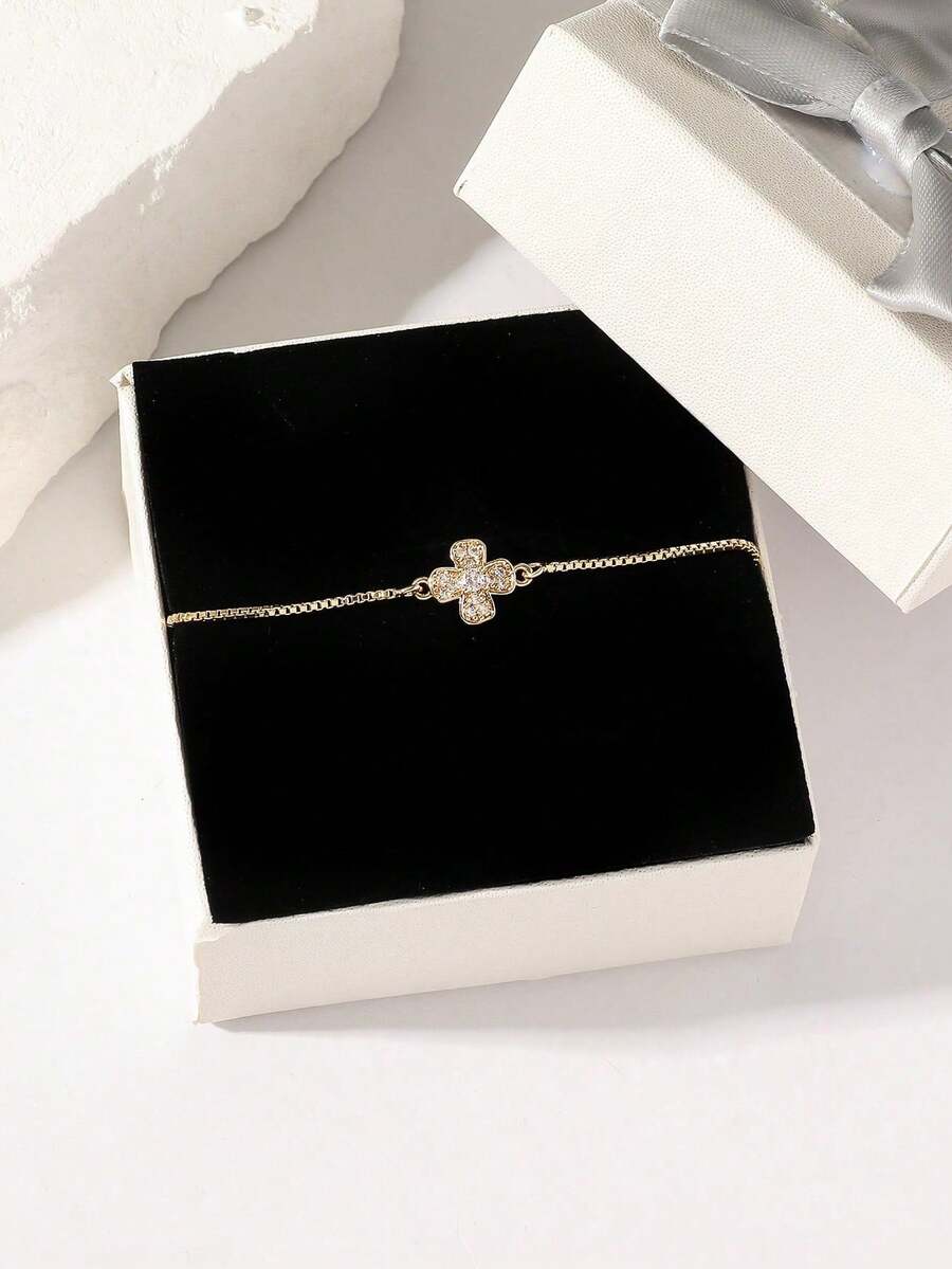 1件幸運四葉草可調節手鍊,鍍金花朵手鍊,女性禮物,母親節禮物 - 金黃色2 - 查看 1
