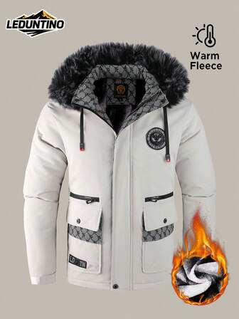 LEDUNTINO Men's Thick Down Jacket With Hood, Fully Insulated Lining, Multi-Pocket Design, Ideal For Outdoor Activities And Commuting In Winter