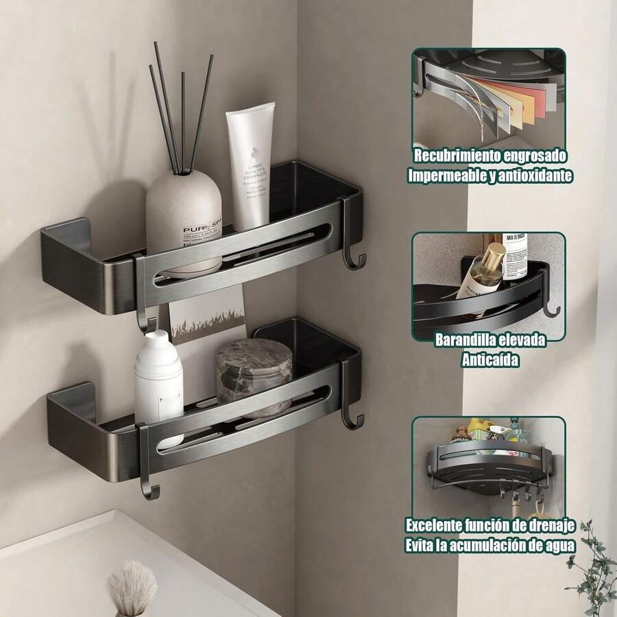Estante para Baño Sin Taladro Esquinero Regadera Antióxido Repisas Organizador de Ducha Porta Shampoo Accesorios para Regadera de Baño 2 Unidades - tiras adhesiva cuadrado gris 2 - Ver 1