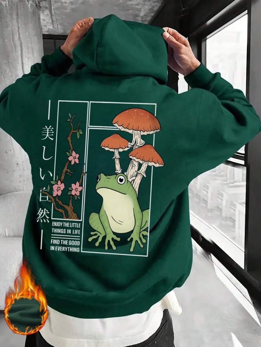 Men's Frog Graphic Thermal Lined Hoodie, Casual Street Style, Autumn/Winter, Long Sleeve Top - Green - View 1