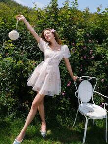 Women's Elegant Floral Print Puff Sleeve Waist Tie Midi Dress, Summer - Beige - View 4