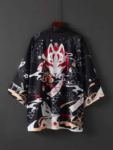 日式复古宽松七分袖印花和服罩衫，休闲沙滩度假泳装罩衫，夏季轻薄和服外套