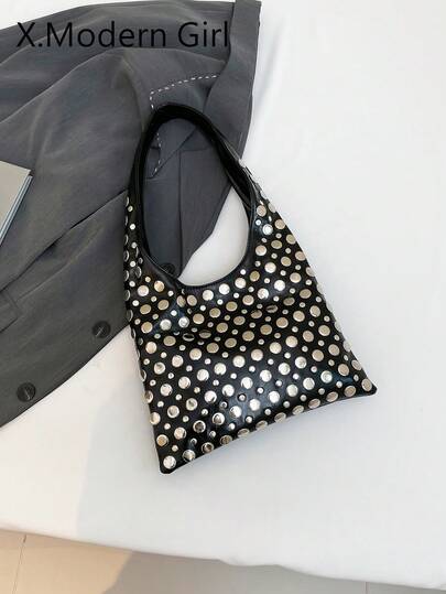 Túi xô dáng dài, dung tích lớn, trang trí đinh tán mới năm 2025, kiểu dáng tối giản, đa năng, có thể đeo vai hoặc xách tay.