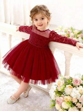 Baby Girls 0-2 Years Lace Long Sleeve Little Dress, White Christening Gown Suitable For Parties