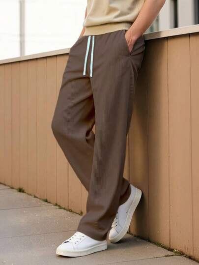 Men's Anti-Wrinkle Corduroy Straight Leg Pants, Comfortable Solid Color Loose Casual Trousers, Men's Autumn/Winter Sporty Pants