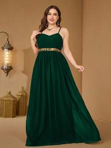 UNITHORSE 加大码 V 领重工刺绣超长喇叭袖黑色雪纺连衣裙