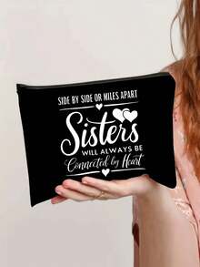 印有“无论相隔千里，姐妹情深”字样的化妆包，简约时尚字母图案印花收纳袋，便携多功能化妆包，小物件收纳袋，洗漱包，手拿包，轻便可折叠收纳袋，适合旅行、日常使用，旅行必备，宿舍必备。 - 彩色 - 查看 16