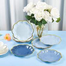 10pcs/20pcs/40pcs/Set,Gray Blue Party Plates Gradient Blue Dessert Paper Plates 7 Inch Gold Foil Scalloped Edge Disposable Cake Plates For Tea Party Birthday BabyShower Bridal Newborn Christening Wedding Party Supplies (Gray Blue) - 藍色 - 查看 3