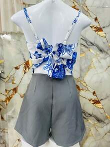 Two-Piece Set: One-Size-Fits-All Shirt With Tie At The Back And Print, And Shorts With Zipper (No Pockets). - Dark Grey - View 3