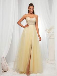 VIPGIRL High-End Elegant Sleeveless Evening Dress, Luxurious & Exclusive For Banquet - Yellow - View 6