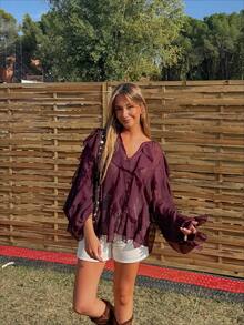 Stylish Solid Color Front Button Pleated Ruffle Hem Long Sleeve Top For Women Women's Elegant V-Neck Long Ruffle Sleeve Button Front Top - Burgundy - View 4