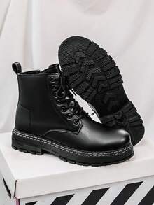 男士商务鞋，乐福鞋，平底鞋，增高鞋，系带鞋，办公/学校风格，尺码偏大半码 - 高筒黑色 - 查看 3