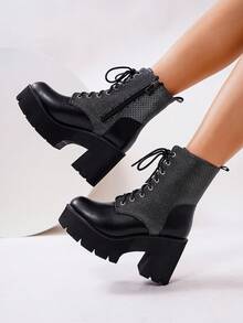 女士经典休闲度假简约坡跟厚底踝靴，秋冬款 - 黑色 - 查看 4