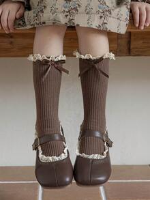1/2 Pairs Girls' Soft Knit Ribbed Lace Trim Bow Tie Knee High Socks, Versatile For Casual, Party, School, Vacation, All Seasons, Children Gift