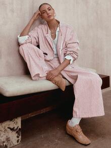 Sollinarry 2pcs Women Striped Zip-Up Long Sleeve Top And Pants Set - Red and White - View 6