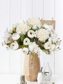 1束仿真丝质茶玫瑰和菊花花束，人造花卉植物，新娘捧花，情人节，婚礼装饰，DIY花环材料，新娘配饰，婚车装饰，拱门装饰，家居，餐厅，卧室，花瓶装饰，生日派对装饰，新年礼物 - 白色 - 查看 5