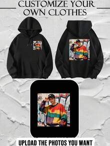 [Customized] Men's Black Hoodie Customization Service - Supports Creative Patterns/Selfie/Game Character/Celebrity/Couple/Pet/Anime Designs/Custom Slogan LOGO Printing, Fashionable Fleece Jacket For Spring, Autumn & Winter - Black - View 5