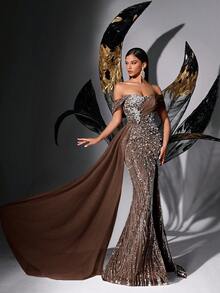 Elegant Sequin & Beaded Off-Shoulder High Slit Fishtail Evening Dress Wedding Spring Party - Coffee Brown - View 2