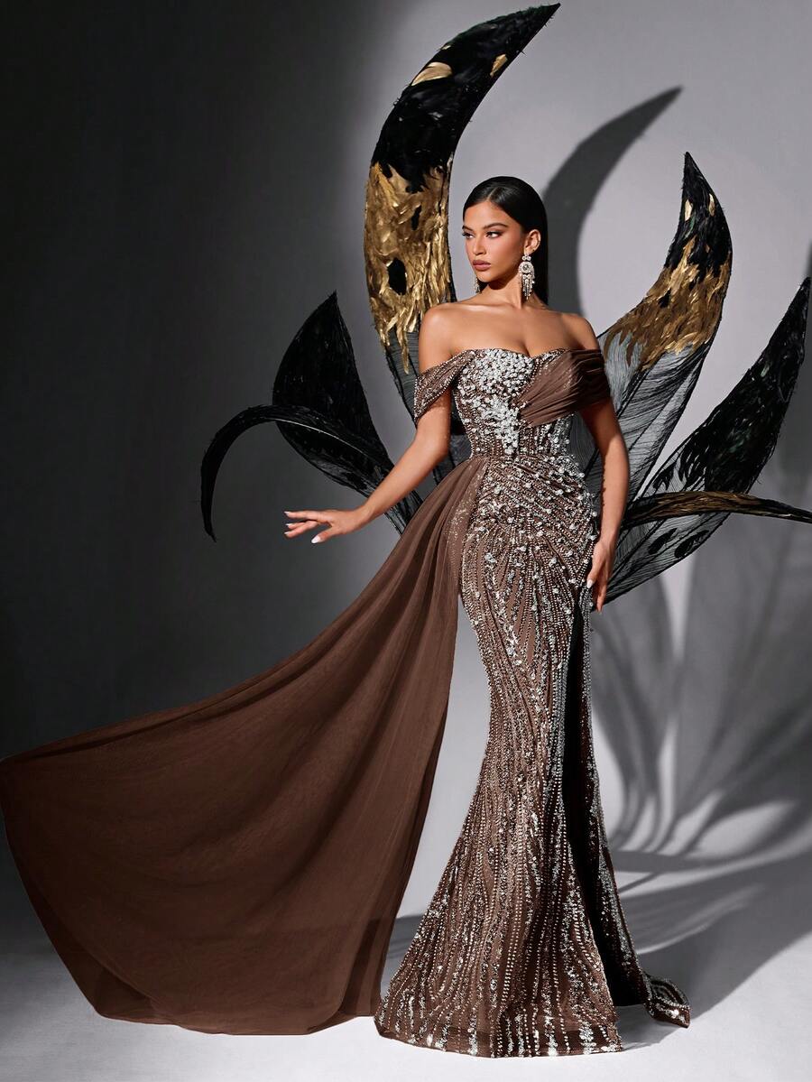 Elegant Sequin & Beaded Off-Shoulder High Slit Fishtail Evening Dress Wedding Spring Party