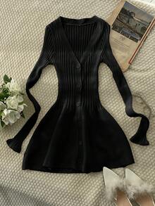 Y2K Simple Casual Front Opening Fitted V-Neck Long Sleeve Ribbed Hem Sexy Knit Sweater Dress - Autumn Outfit - Black - View 8