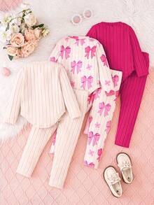 Chatreadl Juego de 6 piezas/3 sets de sudadera de manga larga y pantalones para niñas, con decoración de moño, textura acanalada, lindo, cálido y transpirable - Rosa Fucsia - Ver 2