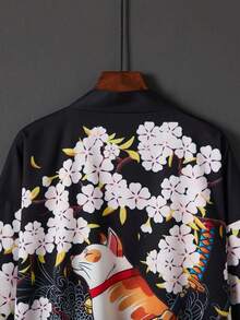 Japanese Retro Loose 3/4 Sleeve Cat Samurai & Cherry Blossom Print Kimono Cover Up, Summer Beach Vacation Coverup Robe Yukata Lightweight Jacket