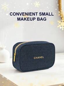 CHANEL Túi đựng mỹ phẩm vải tweed màu xanh hải quân hiệu Materiel Christmas, khóa kéo với logo mạ vàng, túi đựng đồ vệ sinh cá nhân khi đi du lịch. - vàng xanh - Xem 2