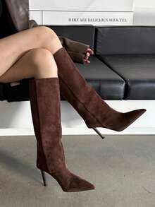 2025 New Pointed Toe Slim Fit Mid-Calf Riding Boots, Khaki Color, Women Shoes, Spring/Autumn/Winter,High Heels - Coffee Brown - View 3