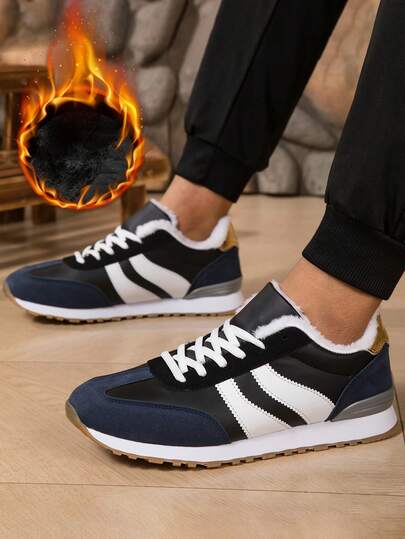 Winter New Warm Fleece Men's Sports Shoes, Solid Color Casual Lace-Up Sneakers, Outdoor Men's Running Shoes, Travel Shoes, Training Shoes