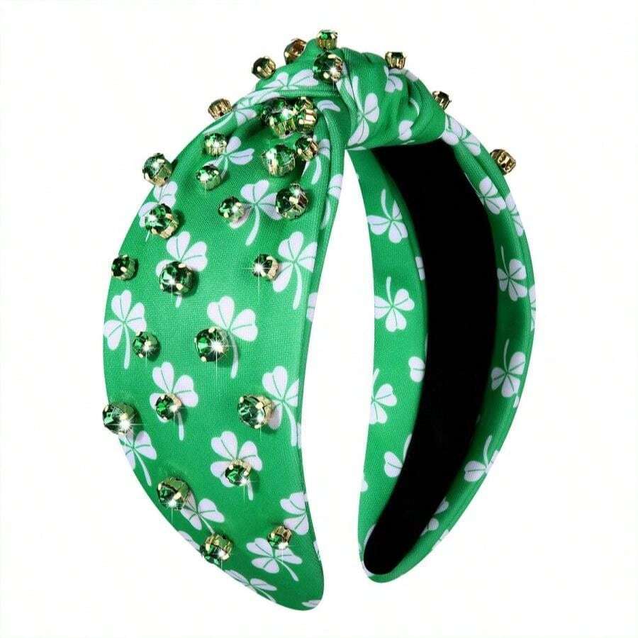PHALIN St Patricks Day Headband For Women Green Lucky Shamrock Embellished Rhinestone Crystal Pearl Knotted Headband St Patricks Day Hair Accessories Irish Holiday Gifts (Shamrock 3) - Màu B - Xem 1