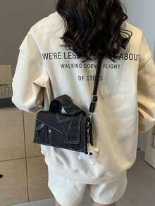 Sac à main patchwork en denim pour femme avec bandoulière amovible, pouvant se porter à l'épaule ou en bandoulière, charmant, élégant et polyvalent, idéal pour les courses quotidiennes et les déplacements. - Noir - Voir 4