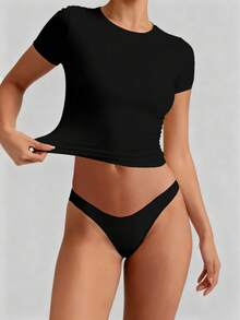 XLLAIS 小圆领短袖纯色基础款修身女式休闲T恤 2026假日黑色上衣 - 黑色 - 查看 2