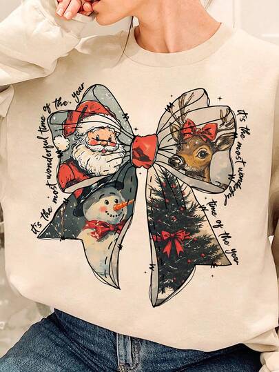 It's The Most Wonderful Time Of The Year Christmas Coquette Bow Print Round Neck Drop Shoulder Sweatshirt, Reindeer Snowman Retro Christmas