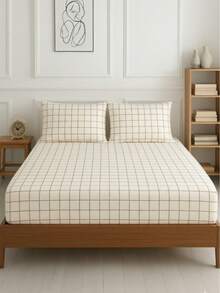 2/3 Pc Fitted Sheet And Pillowcases Set | Plaid Fitted Sheet Set Bedroom Decor All Sizes All Colors | 100x200 160x200 180x200 - Beige - View 8
