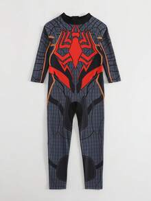 1件装幼儿男童卡通印花长袖长裤拉链连体泳衣