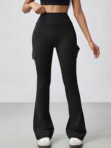 Y2K Wide Waistband High Stretch Pocket Booty Workout Lifting Athletic Gym Flare Leg Leggings Cargo Pants - Black - View 3