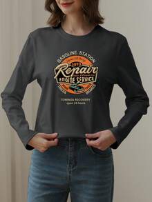 Women's Casual Letter Print Pattern Cotton Loose Fit Long Sleeve T-Shirt, Versatile For Spring & Autumn