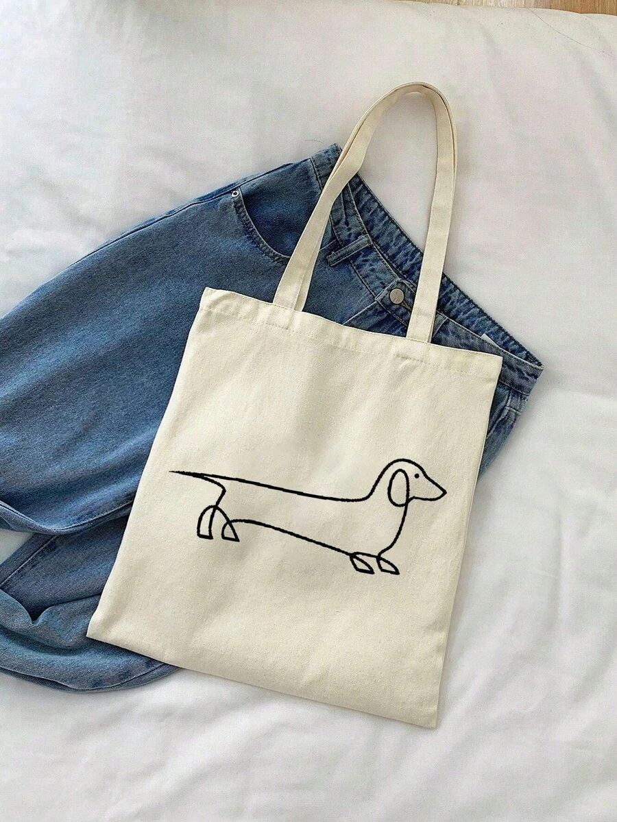 3个可爱腊肠犬印花手提包，休闲大容量单肩包，日常购物袋，多功能收纳袋，轻便旅行手提包，精致礼物，旅行纪念品，必备旅行手提包，适合通勤、返校、旅行、野餐、露营、户外探险等多种场合。 - 米色 - 查看 1