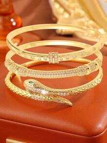 3pcs Golden Jewelry Set Light Luxury Elegant Copper Bracelet Set Dating Scene Eye-Catching Accessory Multi-Element Snake Design Show Exquisite Charm - Gold - View 1