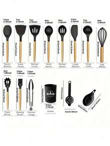 14/15pcs Black Silicone Kitchen Utensil Set With Wooden Handles: Complete Cooking Tools In Organizer Bucket For Modern Kitchens - Multicolor - View 2