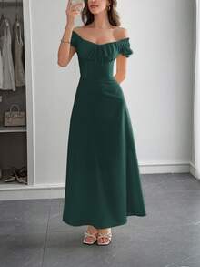 PoPoHouse 女士优雅连衣裙，纯色波西米亚度假风，低领露肩设计，后背系带细节，打造休闲宽松的沙滩裙造型，适合春夏及各种场合。 - 墨綠色 - 查看 7