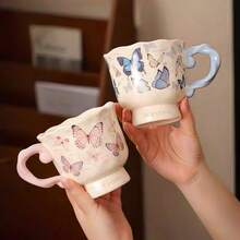 Retro Elegant Butterfly Ceramic Mug - Exquisite Hand-Painted Design, Curved Textured Handle, Ideal For Coffee, Tea, Desserts, Sparkling Water, Ice Cream, Cold Drinks, Suitable For Home, Gatherings, Parties, Gifting, Weddings & Work - Multicolor - View 3