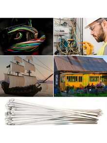 Conjunto de 100 abraçadeiras de aço inoxidável de alta resistência em tamanhos variados - À prova de ferrugem, com travamento automático, resistentes à corrosão e ferrugem, duráveis em aço inoxidável 304, brancas, pacote combinado, abraçadeiras multiuso com travamento automático, adequadas para máquinas, veículos, revestimento de tubos de escape e uso externo. - Pacote com 100 unidades (4/6/8/10/12 polegadas) - Ver 9